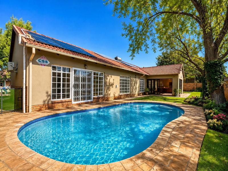 A well-maintained backyard featuring a swimming pool, paved surround, solar panels, and direct access to the home through sliding glass doors.