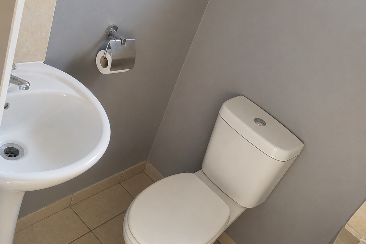 A clean and functional bathroom featuring a white pedestal basin, a modern toilet, and neutral floor tiling.