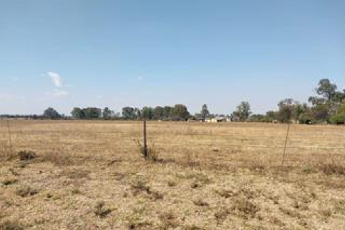 A wide-angle view of the open land on the small holding, featuring dry grass and perimeter wire fencing.