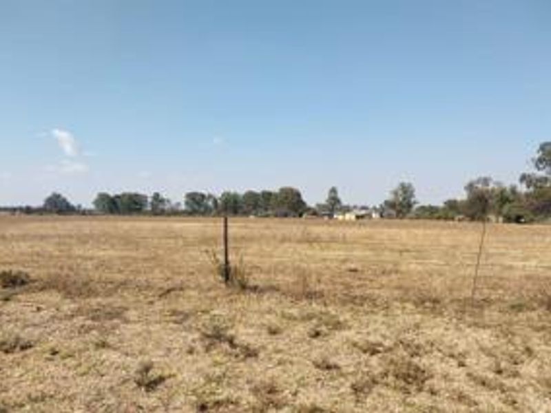 A wide-angle view of the open land on the small holding, featuring dry grass and perimeter wire fencing.