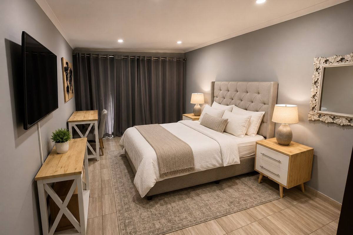 A well-maintained bedroom featuring neutral grey walls, tiled flooring, and recessed downlighting, creating a clean and modern living space.