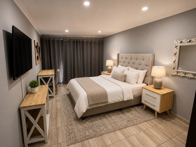 A well-maintained bedroom featuring neutral grey walls, tiled flooring, and recessed downlighting, creating a clean and modern living space.