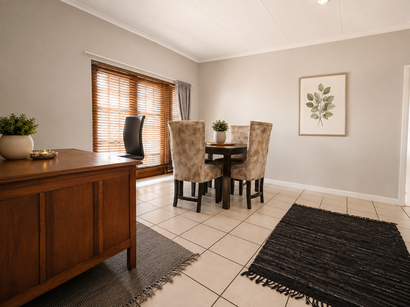 A bright dining area featuring neutral walls, tiled flooring, and wooden venetian blinds, providing a clean and functional space for meals.