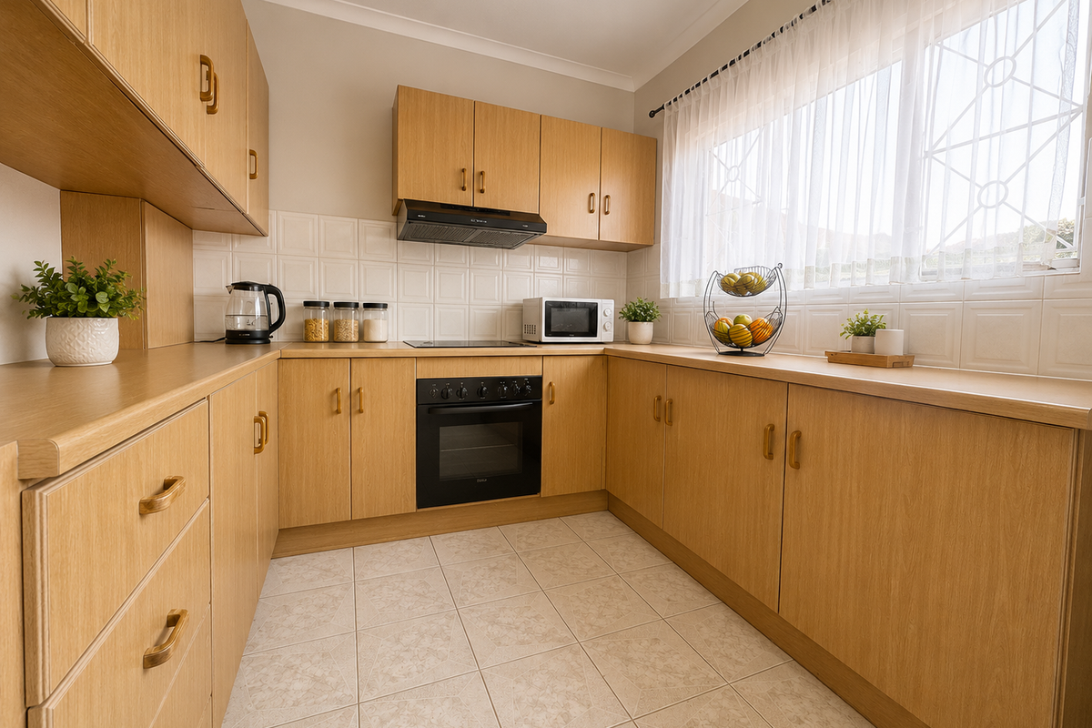 A functional kitchen featuring light wood-look laminate cabinetry, tiled backsplash, built-in oven, and electric hob with ample counter space.