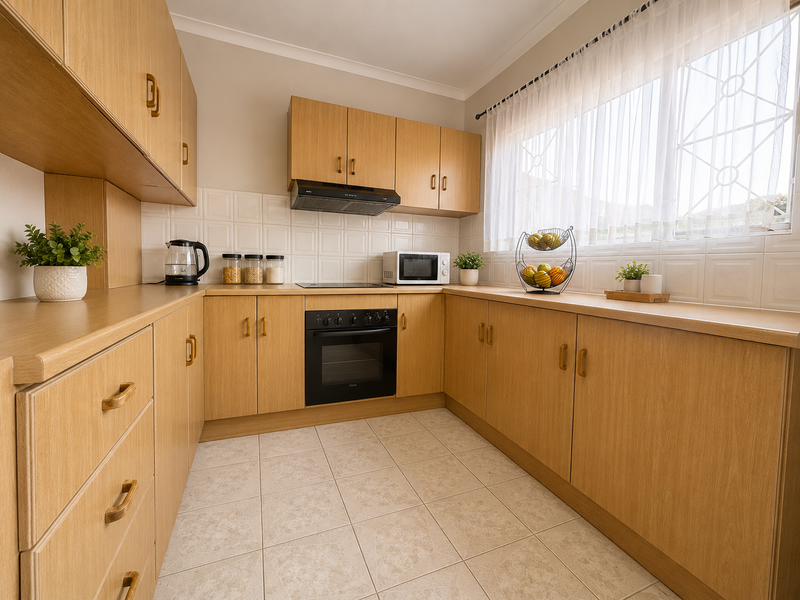 A functional kitchen featuring light wood-look laminate cabinetry, tiled backsplash, built-in oven, and electric hob with ample counter space.