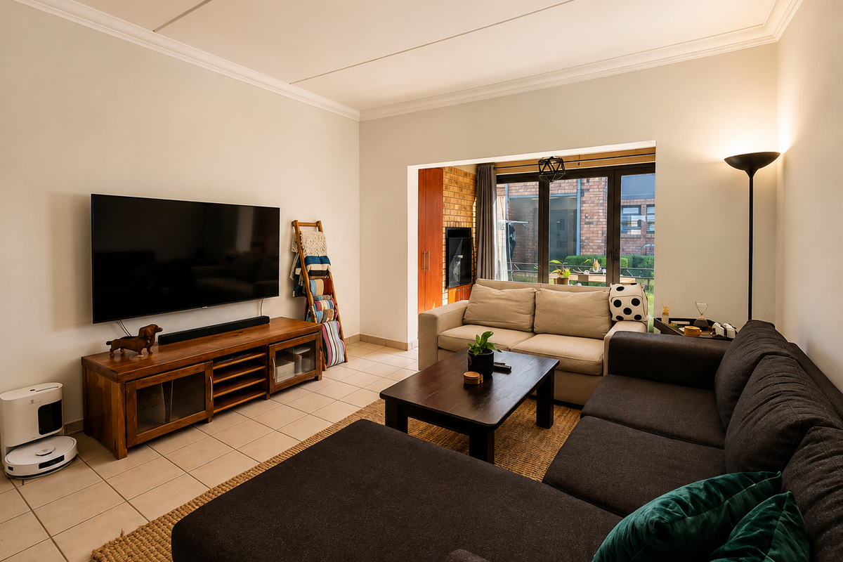 A comfortable living room featuring tiled flooring, a built-in fireplace, and large sliding doors that provide natural light and access to the exterior.