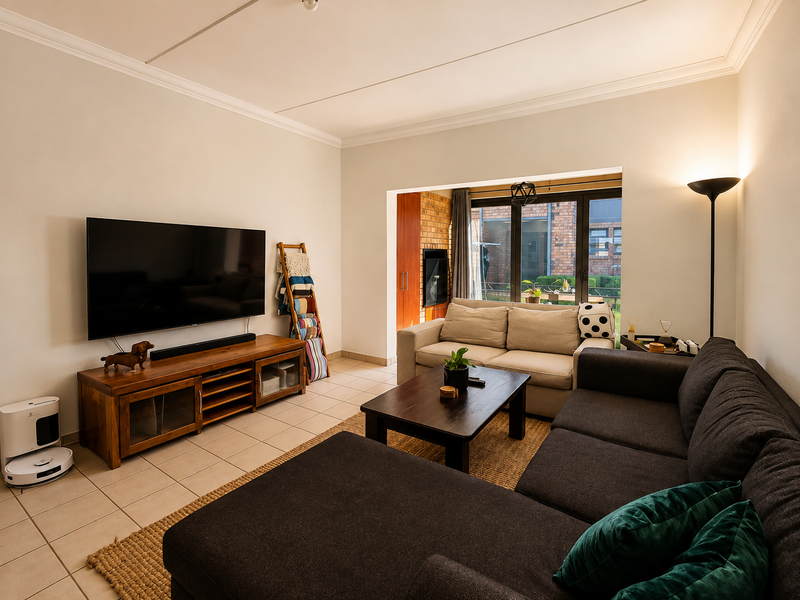 A comfortable living room featuring tiled flooring, a built-in fireplace, and large sliding doors that provide natural light and access to the exterior.
