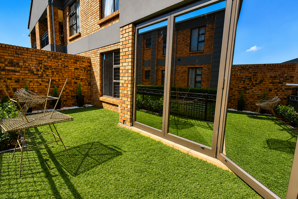 A private rear courtyard featuring low-maintenance artificial lawn, face brick boundary walls, and large aluminium sliding doors providing access to the townhouse interior.