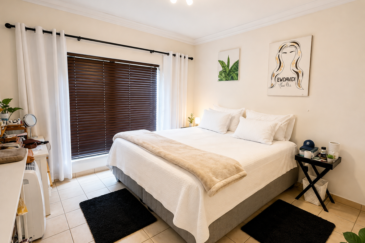 A well-maintained bedroom featuring tiled flooring, neutral walls, and venetian blinds, providing a clean and functional living space.