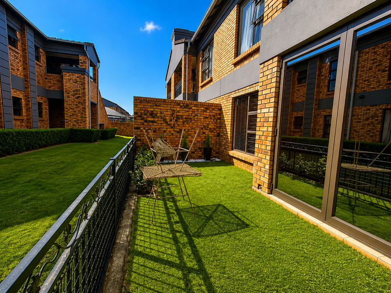 A well-maintained rear exterior view of a townhouse featuring face brick construction, modern aluminium sliding doors, and a private artificial lawn area.