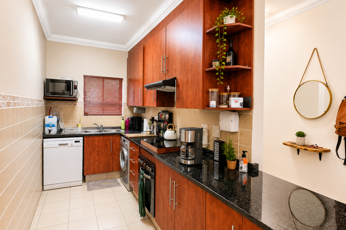 A functional kitchen featuring warm-toned wooden cabinetry, granite countertops, a tiled backsplash, and integrated appliances, offering a practical and well-maintained workspace.