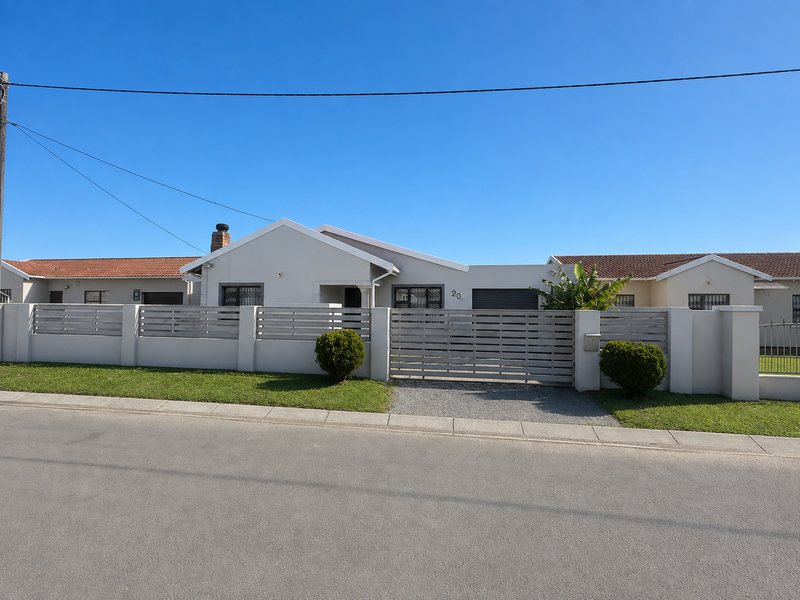 Front elevation of a single-story house featuring a modern horizontal slat fence, secure gated driveway, and a well-maintained tiled roof.