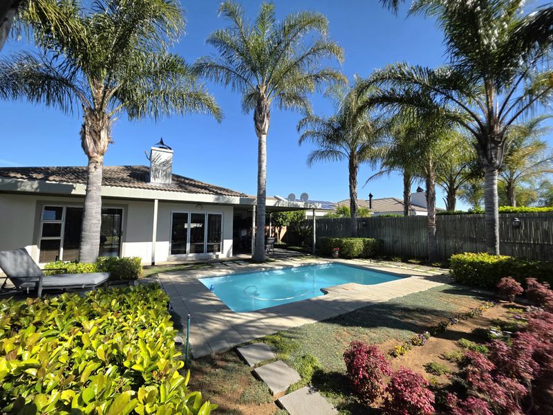 A well-maintained outdoor pool area featuring a paved surround, established palm trees, and direct access to the home via sliding glass doors.