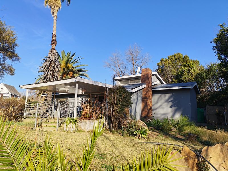 Rear view of the house featuring a covered patio, brick chimney, and metal roofing, set within a garden with established trees and landscaping.