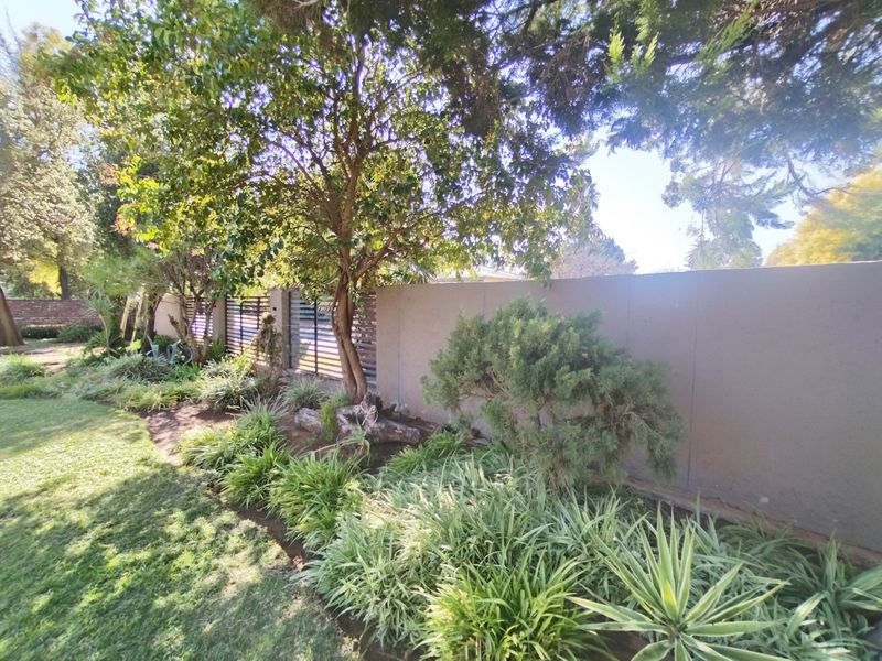 A well-maintained garden area featuring mature trees, landscaped planting beds, and a solid boundary wall with integrated metal fencing.