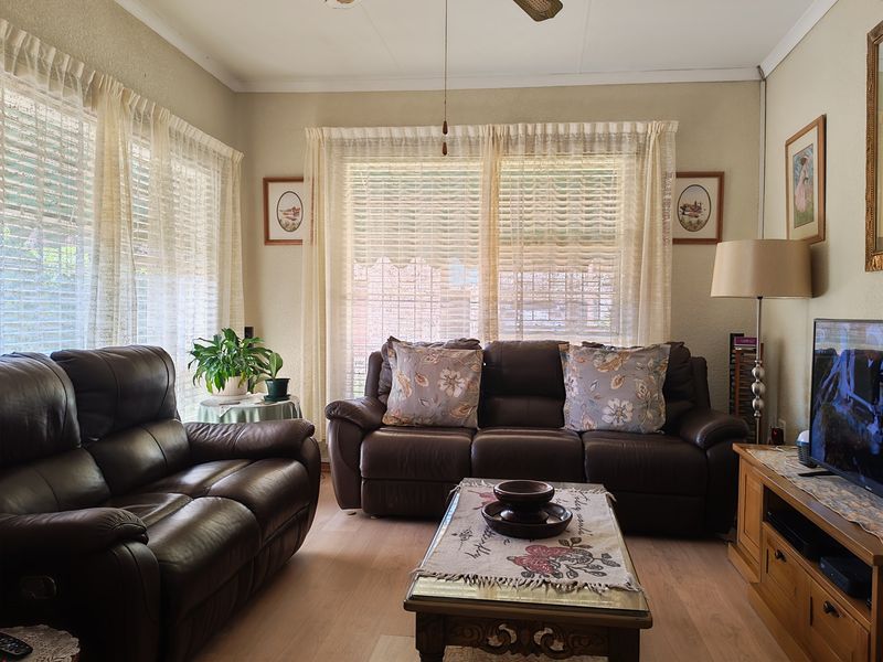 A comfortable living room featuring light-toned laminate flooring, coved ceilings, and large windows fitted with venetian blinds and sheer curtains.