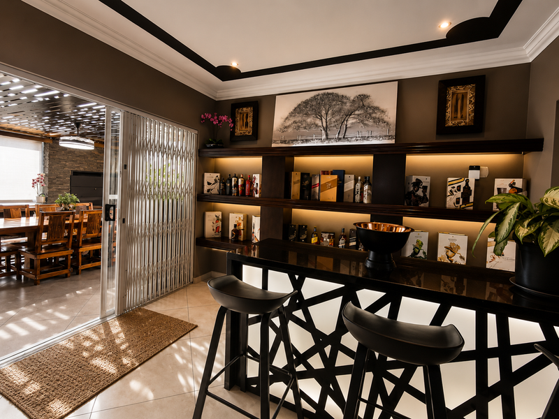 A sophisticated home bar area featuring a modern built-in counter with integrated shelving, ambient LED lighting, and a sliding security gate leading to the patio.