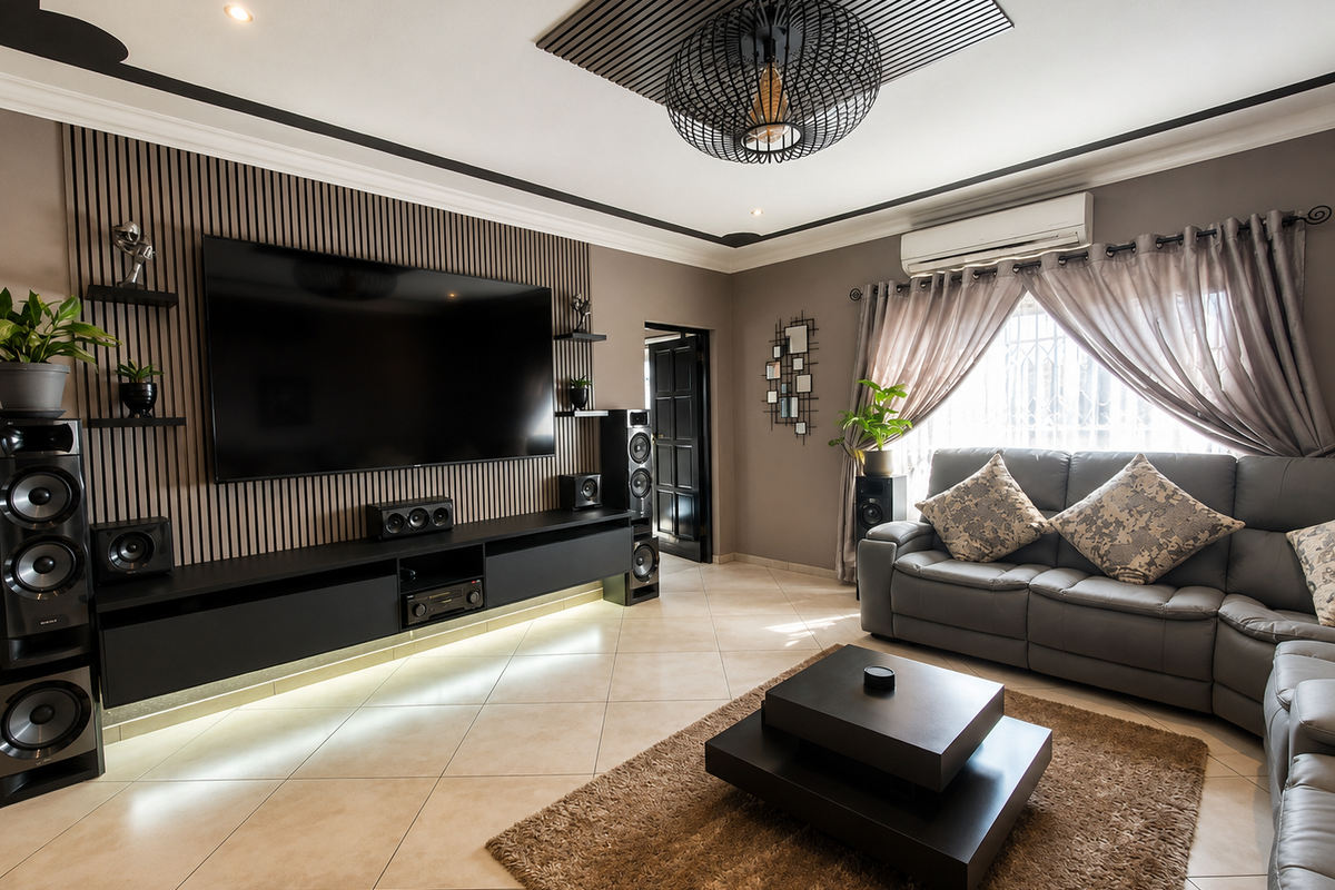 Modern living room featuring a stylish slatted timber feature wall, built-in media console with under-lighting, and a sophisticated recessed ceiling design.