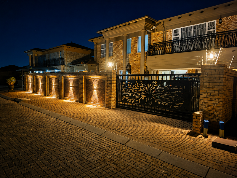 A well-maintained double-story house exterior at night, featuring a decorative metal gate, brick facade, paved driveway, and integrated exterior lighting.