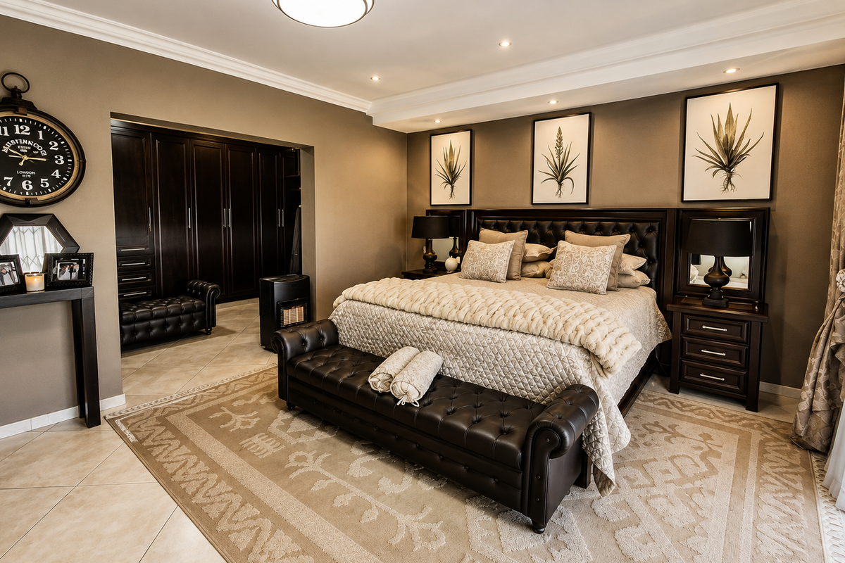 Spacious master bedroom featuring dark wood built-in cupboards, recessed ceiling lighting, and neutral tiled flooring, creating a sophisticated and well-maintained living space.