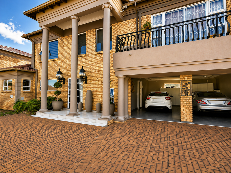 Front elevation of a multi-story residence featuring a brick facade, paved driveway, covered garage, and an upper-level balcony with security features.