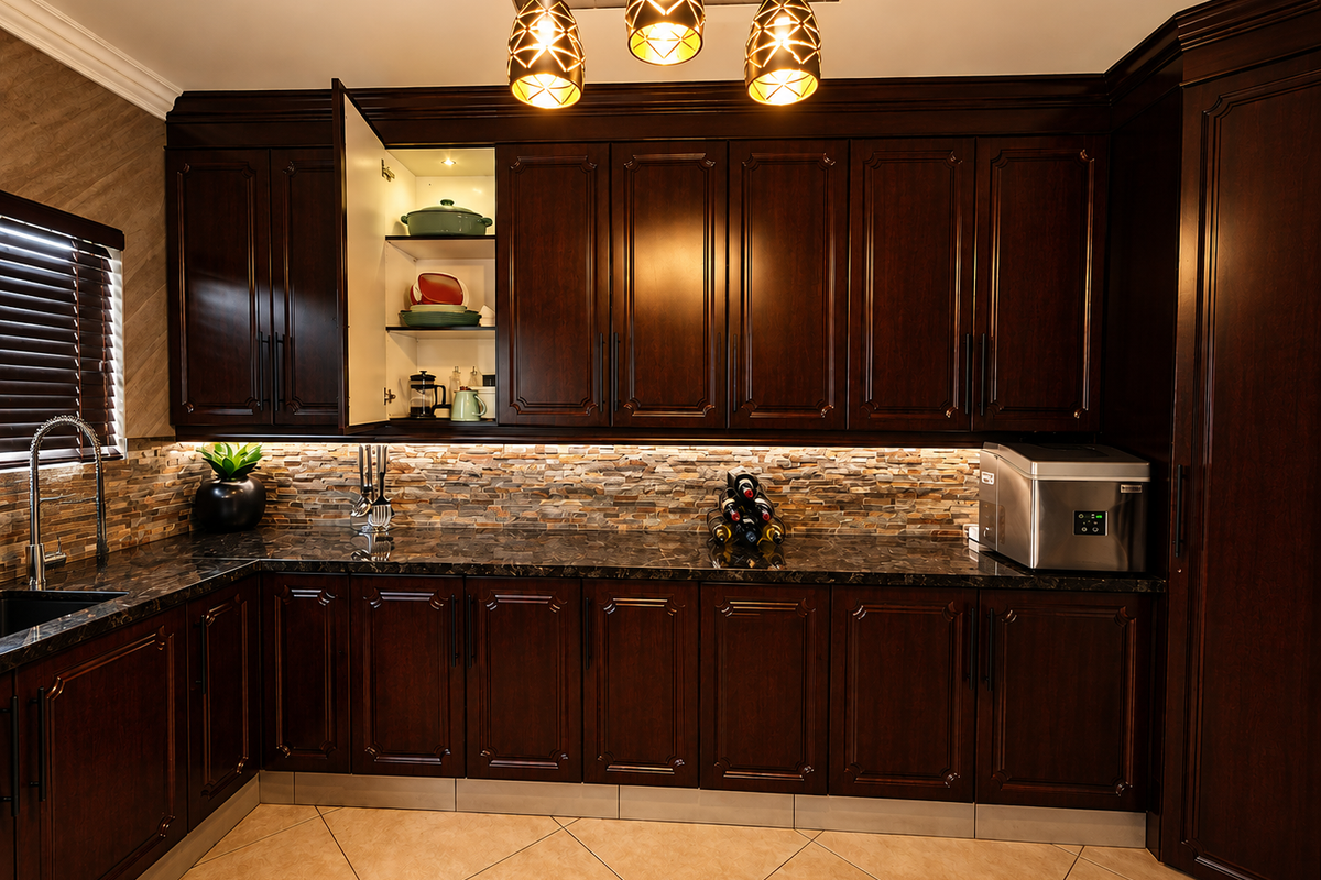A well-maintained kitchen featuring dark wood cabinetry, granite countertops, a textured stone tile backsplash, and modern pendant lighting.