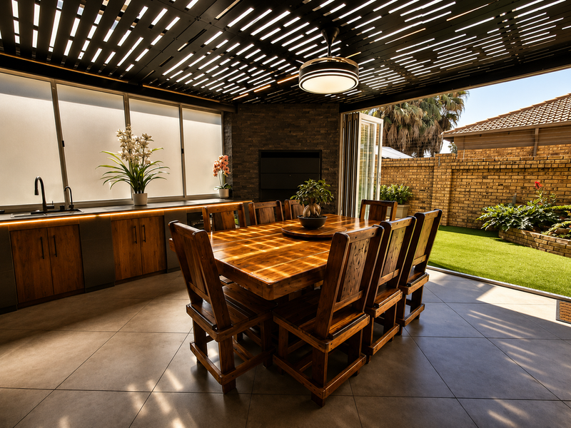 Modern covered patio featuring a built-in braai, stone cladding, sleek cabinetry with sink, and bi-fold doors opening to a landscaped garden.