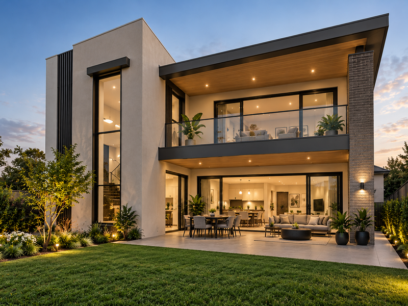 A modern two-story residence featuring a spacious tiled rear patio, glass balcony, and beautifully landscaped garden, perfect for seamless indoor-outdoor living.