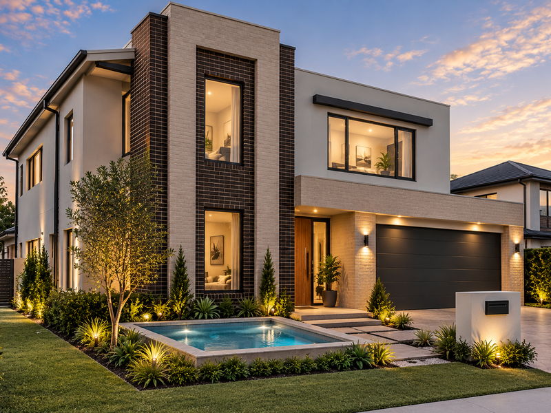 Modern two-story residence featuring a striking brick facade, integrated double garage, and a beautifully landscaped front garden with a private plunge pool.