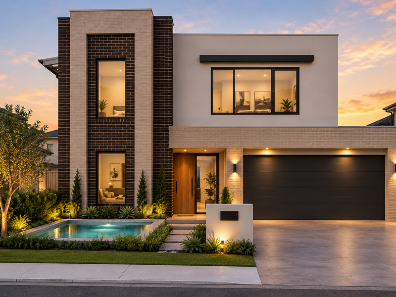 Modern two-story residence featuring a striking brick facade, integrated double garage, front plunge pool, and professionally landscaped garden at dusk.