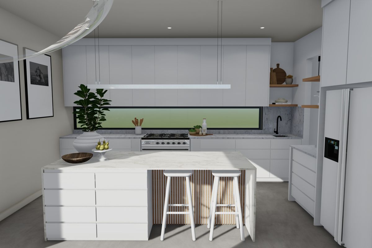Modern kitchen featuring a central island with stone countertops, integrated cabinetry, high-end gas cooktop, and sleek minimalist design elements.
