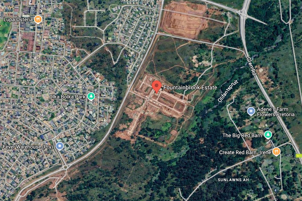 An aerial satellite view showing the location of Fountainbrook Estate in relation to surrounding residential areas and local landmarks.