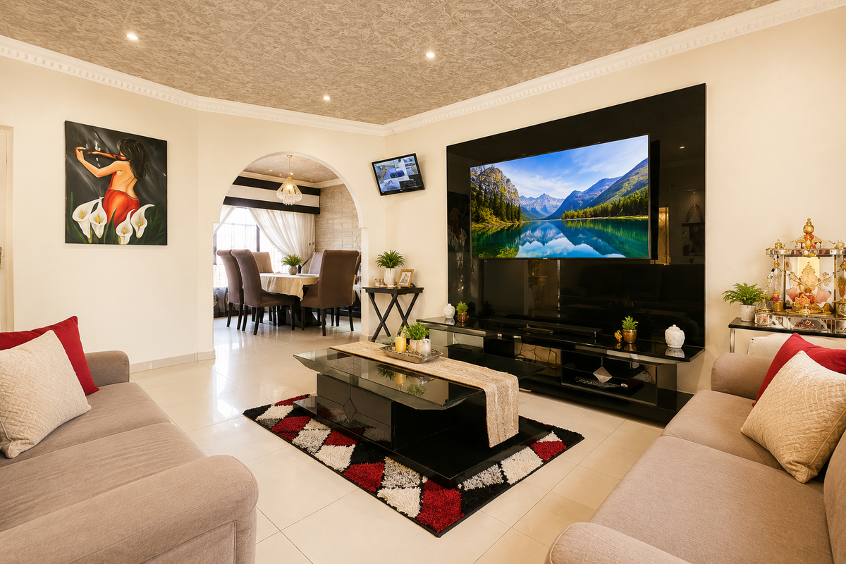 A well-maintained living room featuring a modern built-in media wall, tiled flooring, and an elegant archway leading to the adjacent dining area.