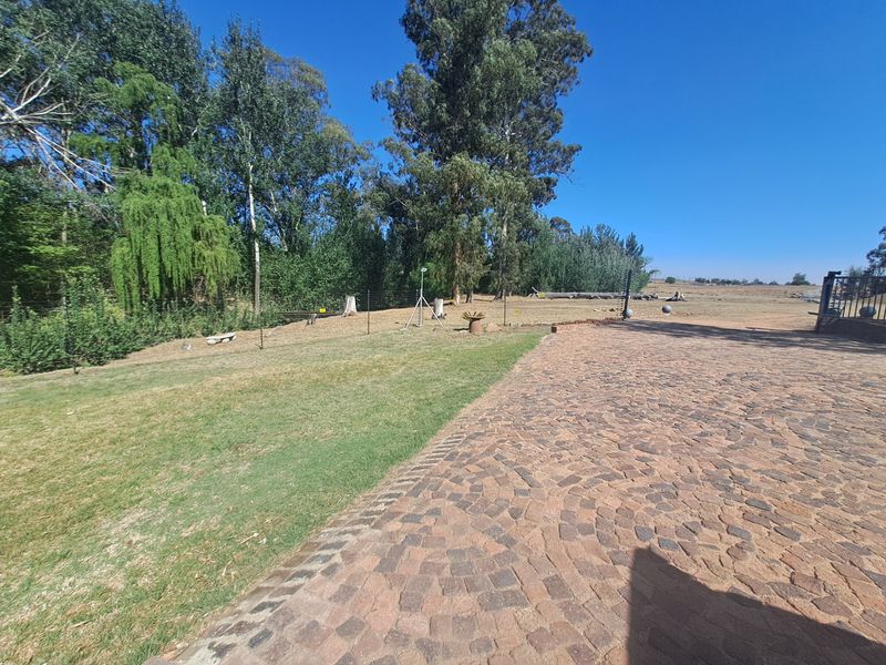 A spacious outdoor garden area featuring extensive cobblestone paving and established trees, offering a natural and open farm landscape.
