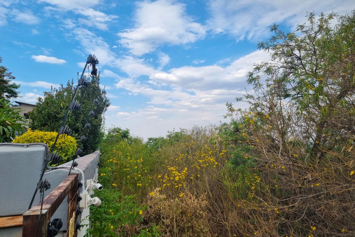 View of the rear boundary featuring a perimeter wall with electric fencing and security cameras, overlooking natural vegetation and trees.