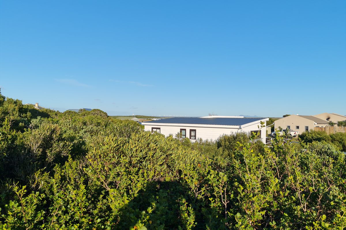 A view of a residential property exterior featuring a modern metal roof and horizontal siding, surrounded by established coastal vegetation.