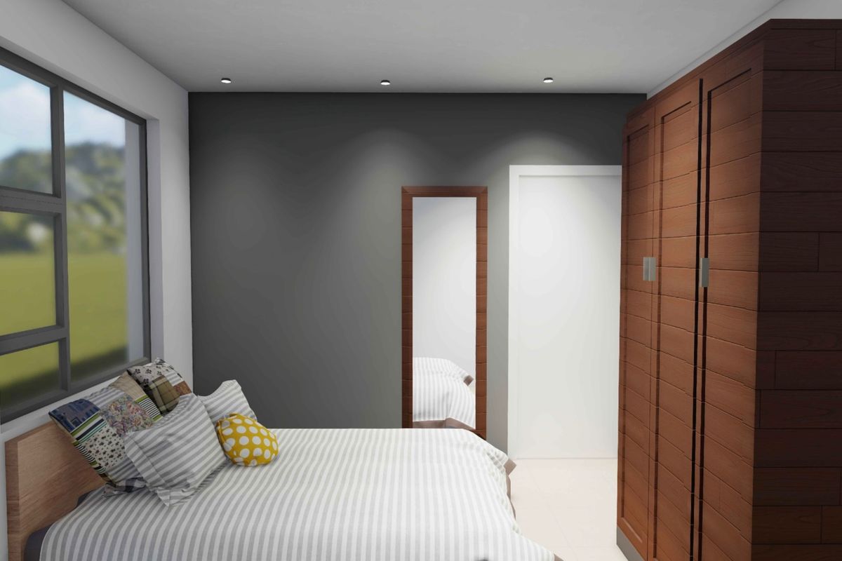 A modern bedroom featuring built-in wooden cabinetry, recessed ceiling lighting, and a large window providing natural light.