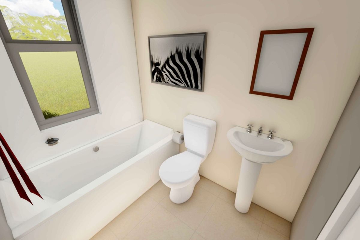 A clean, modern bathroom featuring a white bathtub, pedestal basin, and toilet, finished with neutral floor tiles and a window for natural light.