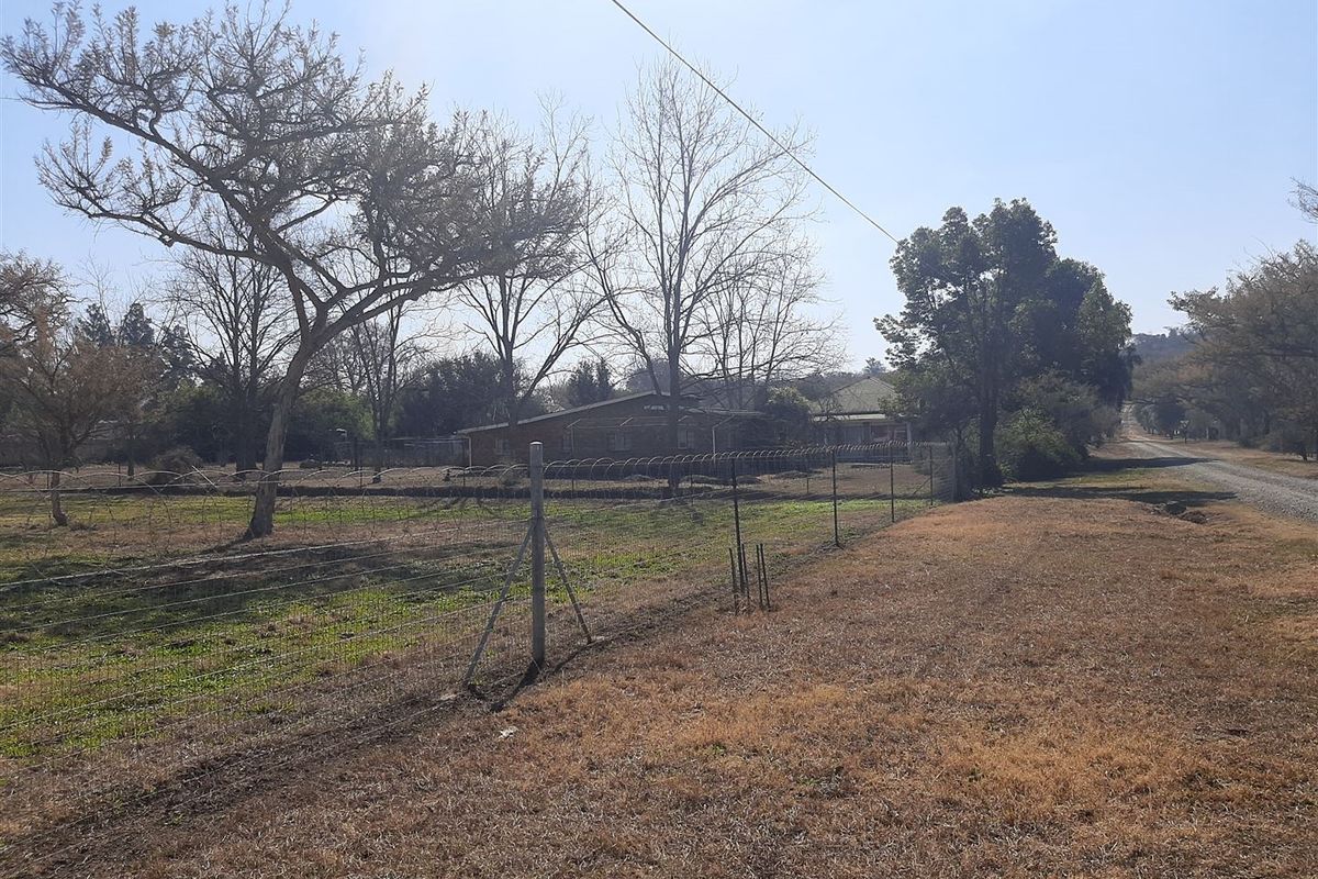 A view of the residential vacant land plot from the adjacent unpaved road, featuring perimeter wire fencing and established trees.