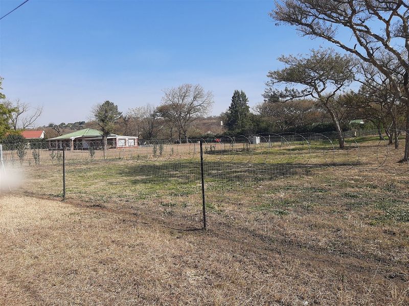 A view of a vacant residential plot featuring wire mesh fencing with razor wire topping, set against a backdrop of mature trees.