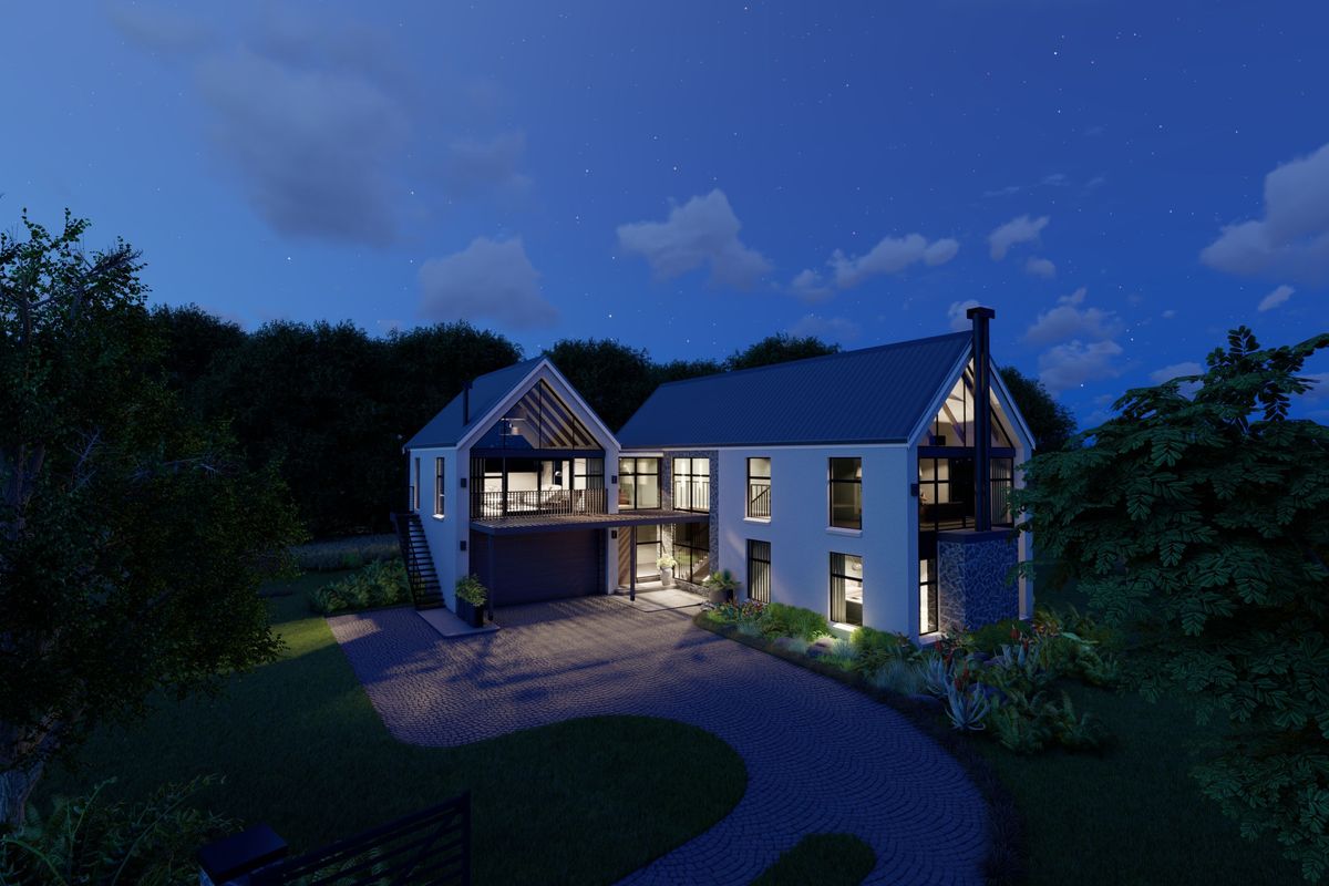 A modern architectural residential property featuring a paved driveway, stone accents, metal roofing, and a spacious balcony, captured at twilight.