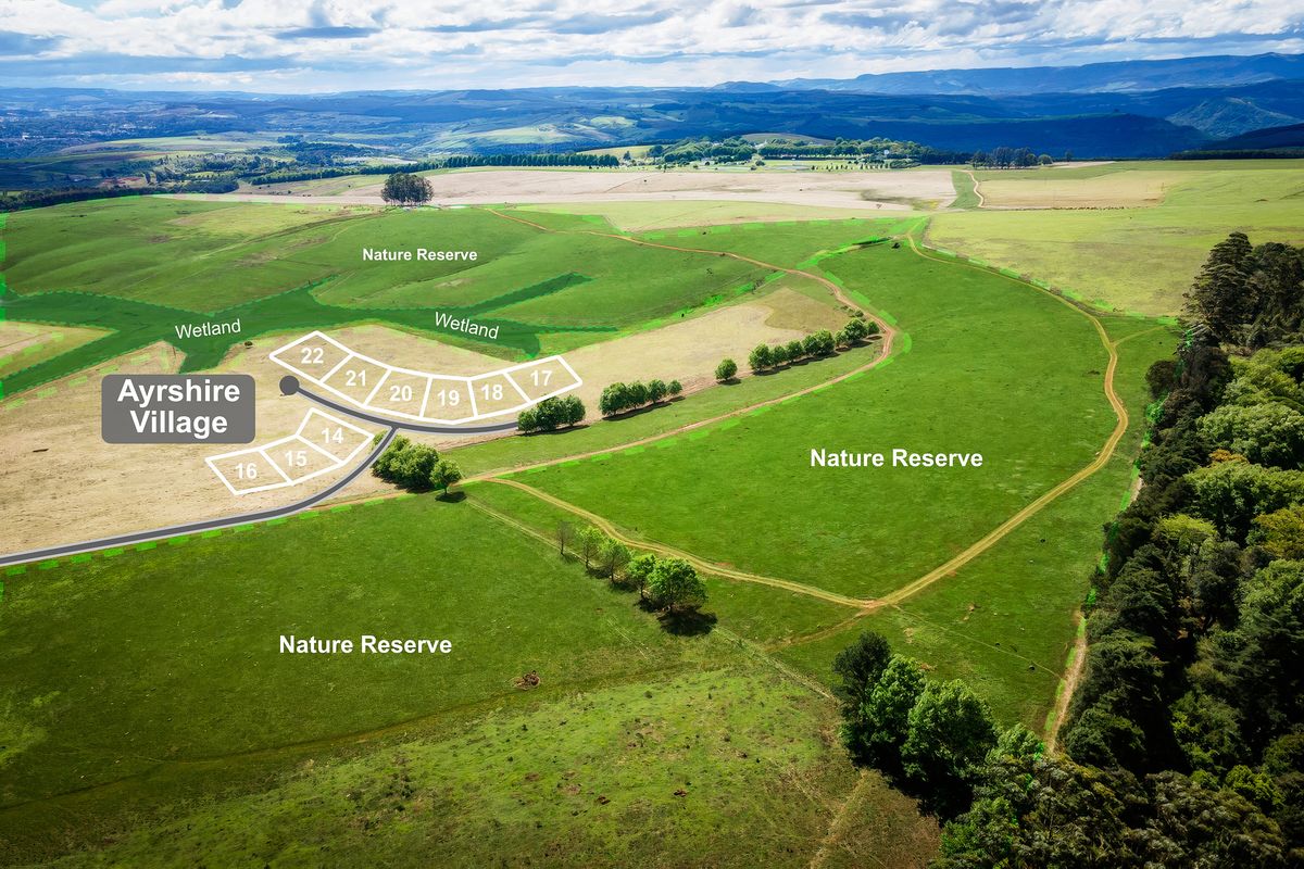 Aerial view of Ayrshire Village showing demarcated residential plots surrounded by expansive nature reserves and wetlands.