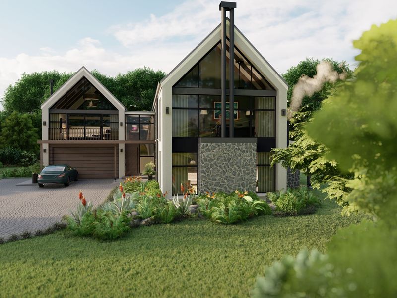 A modern architectural residence featuring a striking pitched roof, stone facade accents, expansive glass windows, and a paved driveway set within a landscaped garden.