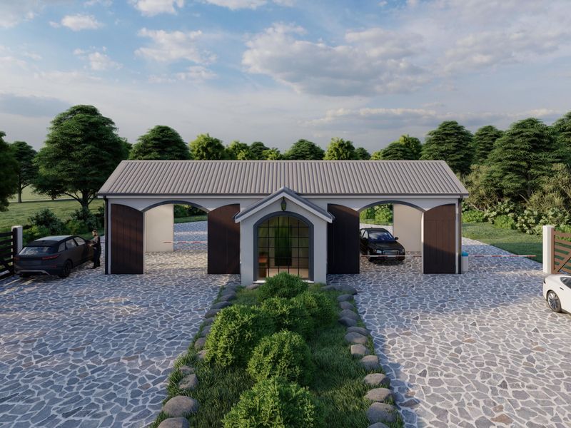 A modern residential entrance featuring a stone-paved driveway, covered parking bays, and a secure gated entry point set within a landscaped environment.