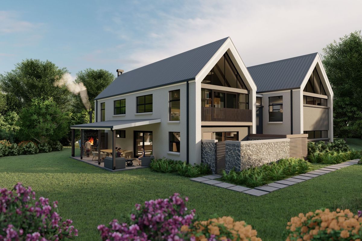 A modern architectural rendering of a residential property featuring a covered patio, stone-clad walls, and a spacious landscaped garden.