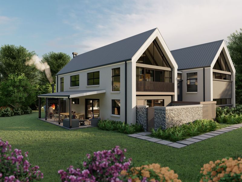 A modern architectural rendering of a residential property featuring a covered patio, stone-clad walls, and a spacious landscaped garden.