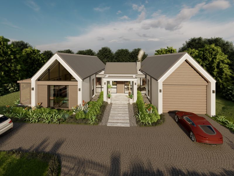A modern architectural rendering of a residential property featuring a pitched roof, stone walkway, and a paved driveway with landscaped surroundings.
