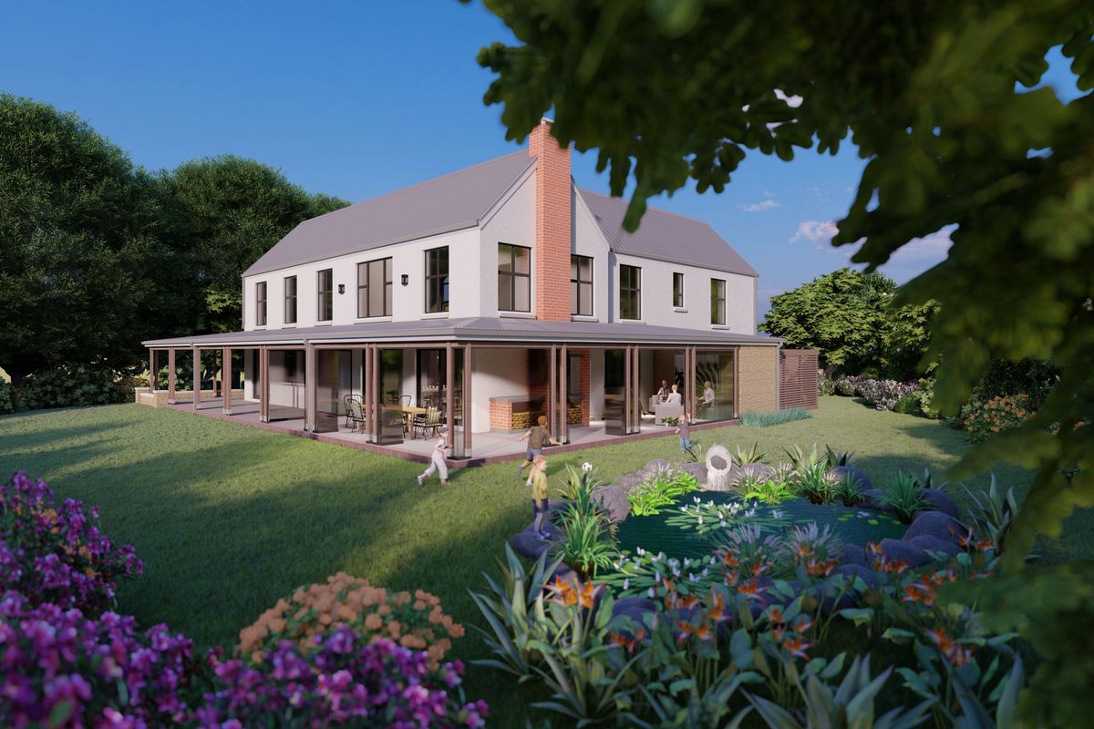 A high-quality architectural rendering of a two-story residential property featuring a spacious covered patio, brick chimney, and a beautifully landscaped garden with a pond.