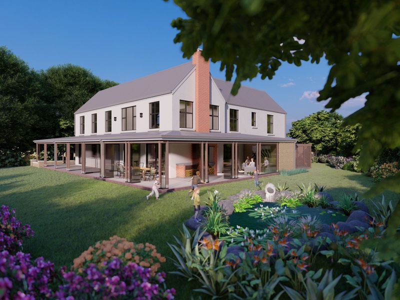 A high-quality architectural rendering of a two-story residential property featuring a spacious covered patio, brick chimney, and a beautifully landscaped garden with a pond.
