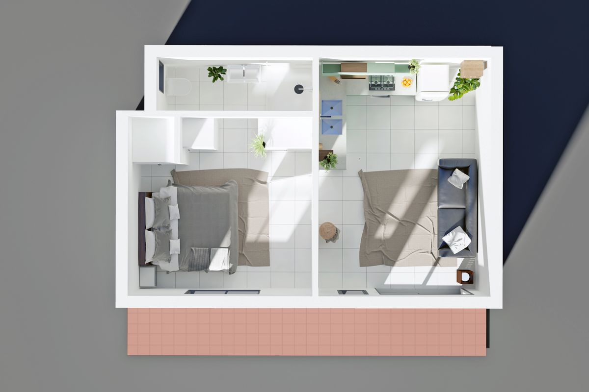 A 3D floor plan layout showing a bedroom, bathroom, and open-plan kitchen and living area with tiled flooring throughout.